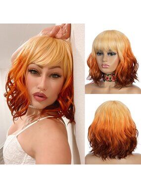 Women's Orange to Ginger Ombre Bob Party Wig with Bangs Short Curly Synthetic